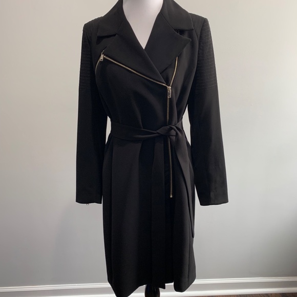 H&M black zip belted long jacket coat Trench SZ 8 Med M overcoat sash tie Moto - Picture 4 of 16